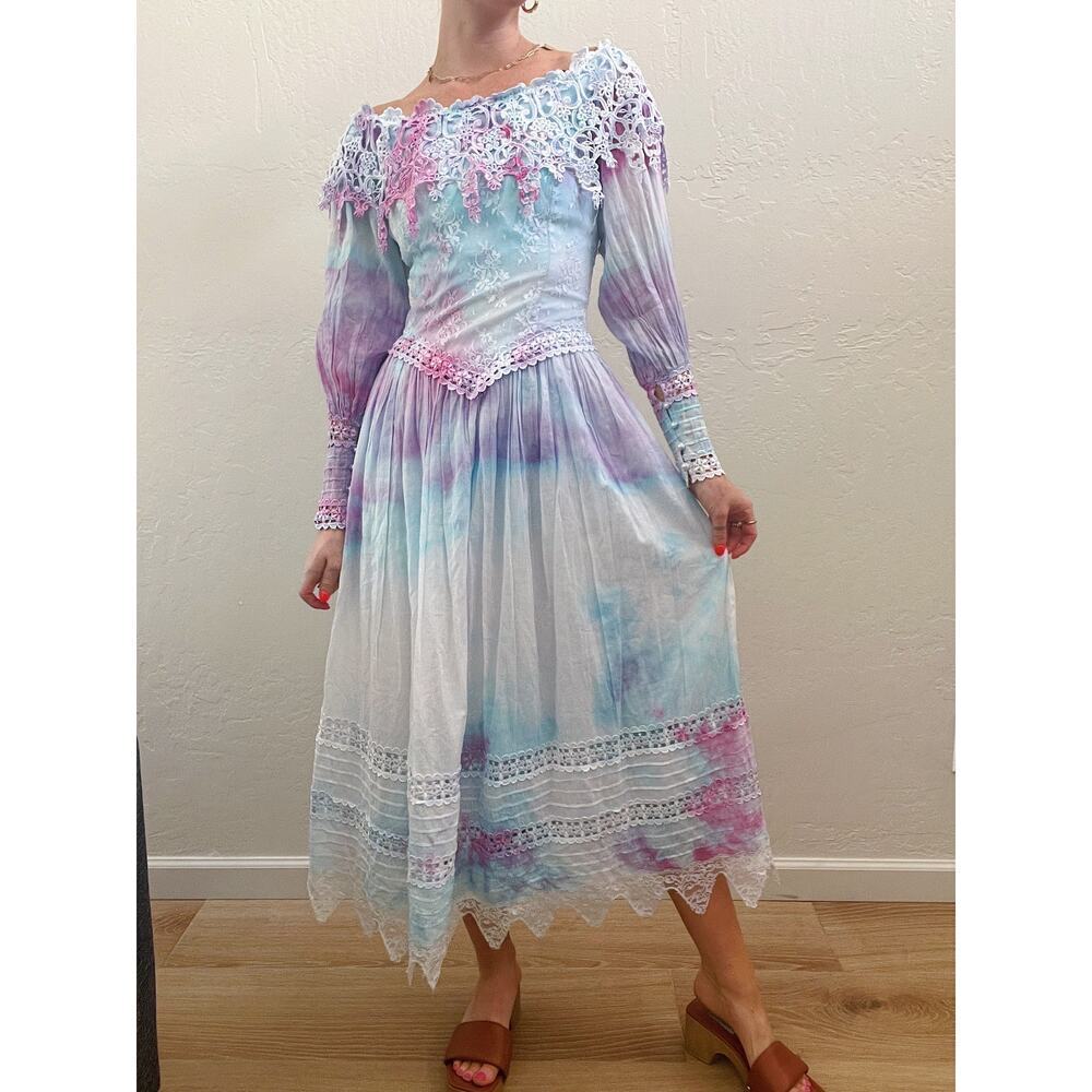 Vintage 1980's Jessica McClintock Tie Dye Midi Dress - Picture 5 of 7